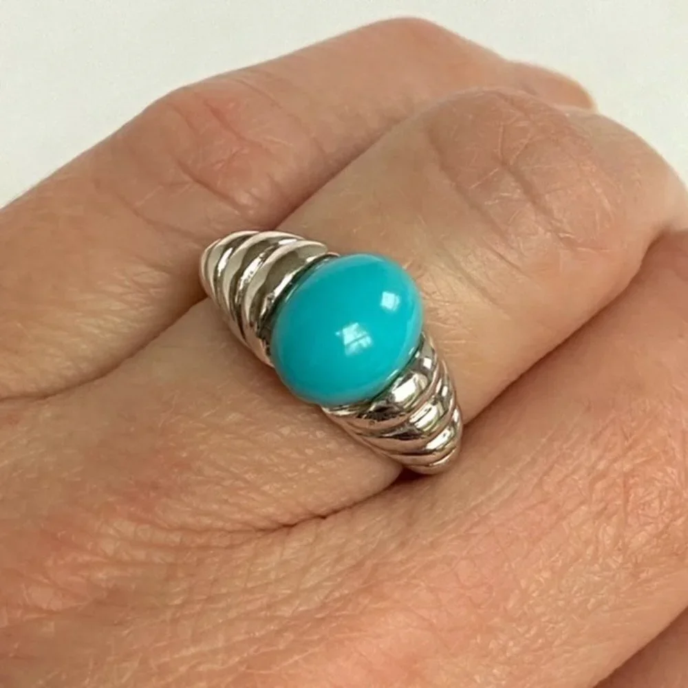 Sterling Silver 925 Modernist Oval Faux Turquoise Tapered Shank Ring Sz 5.25